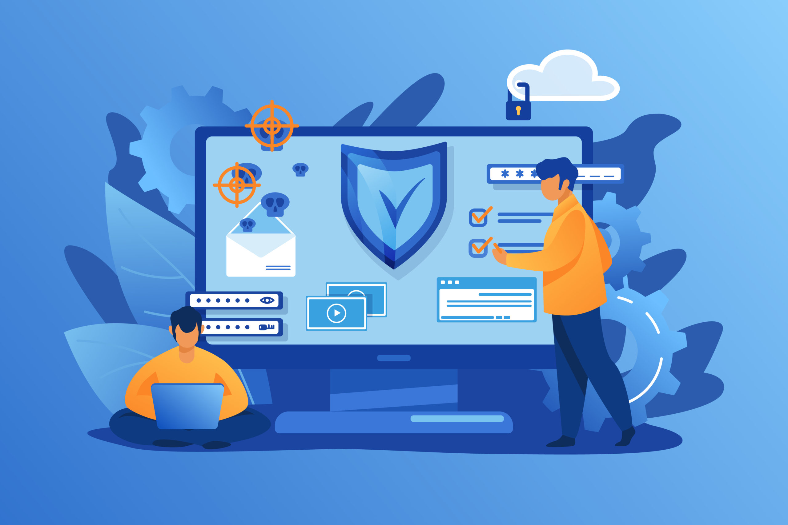 Personal digital security. Defence, protection from hackers, scammers flat vector illustration. Data breaches, data leakage prevention concept for banner, website design or landing web page